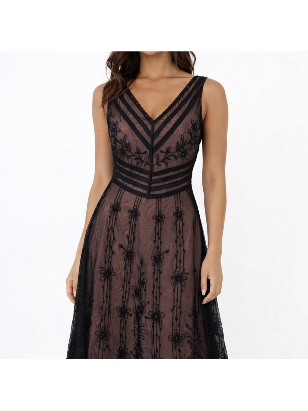 BCBGMaxAzria Black Lace V-Neck Embroidered Midi Dress